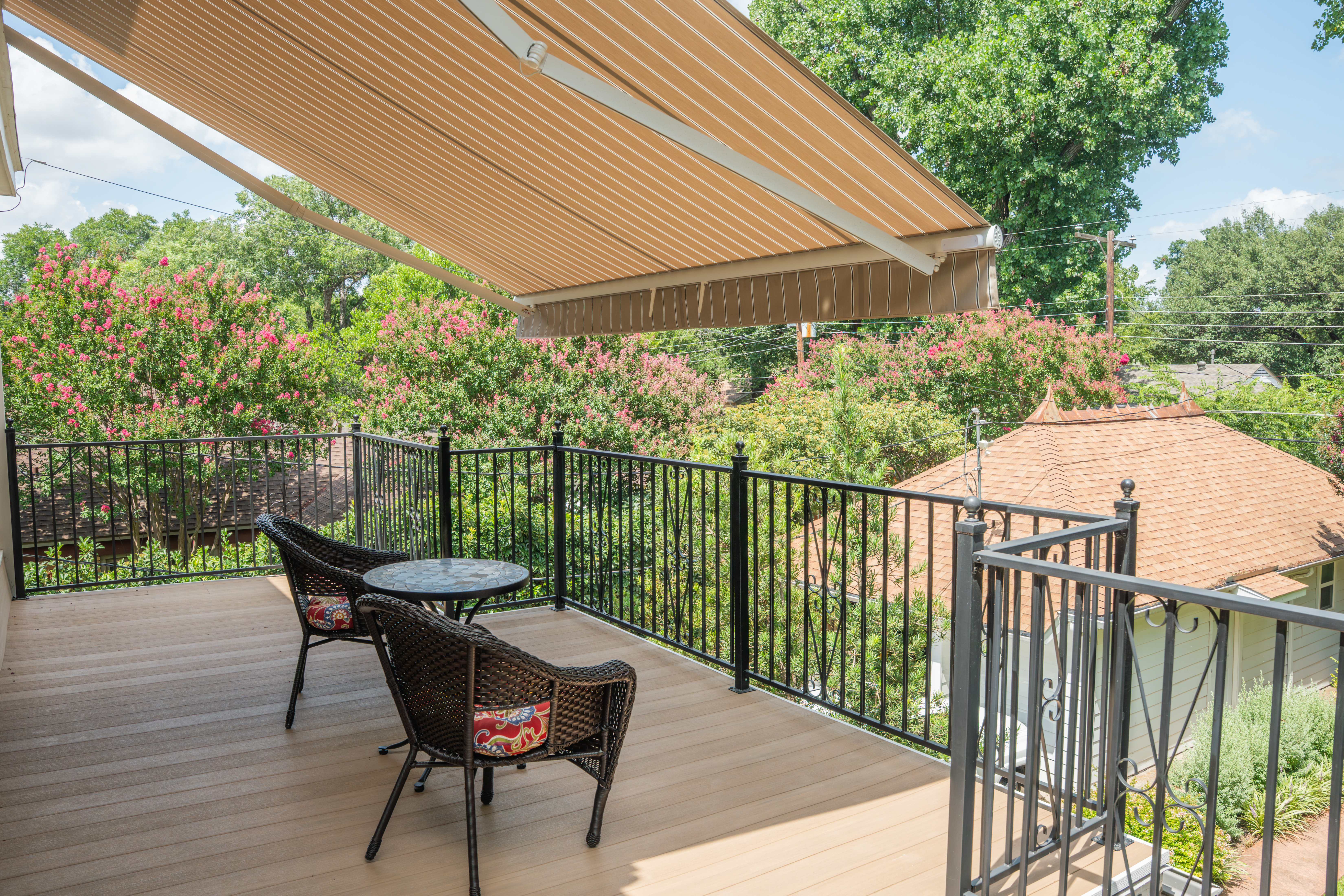 Awning-Residential-Balcony-Deck-Beige-Stripes-Wicker-Furniture