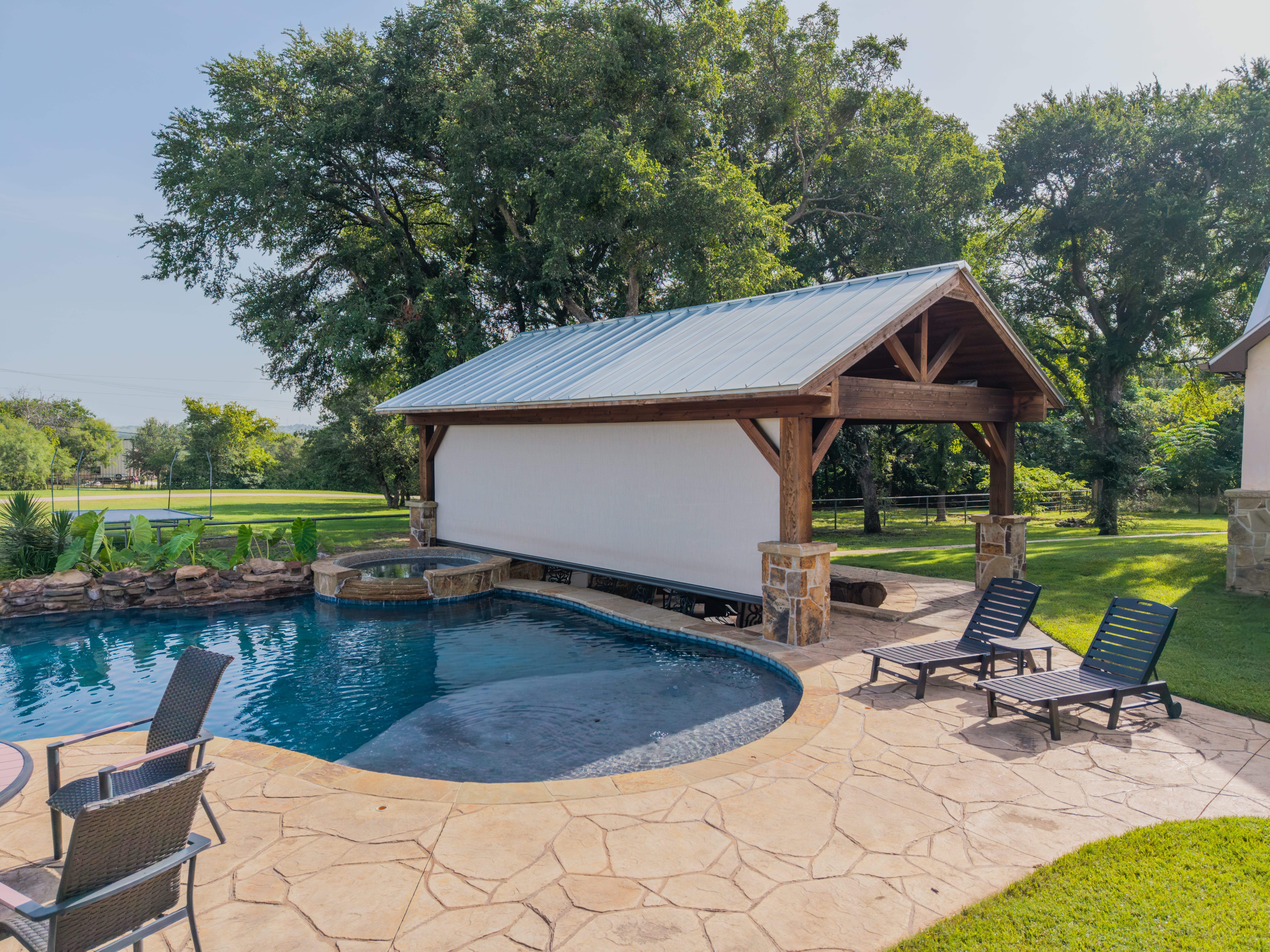 Residential-Screens-White-Fabric-Wood-Brick-Pergola-Pool-Aerial-View