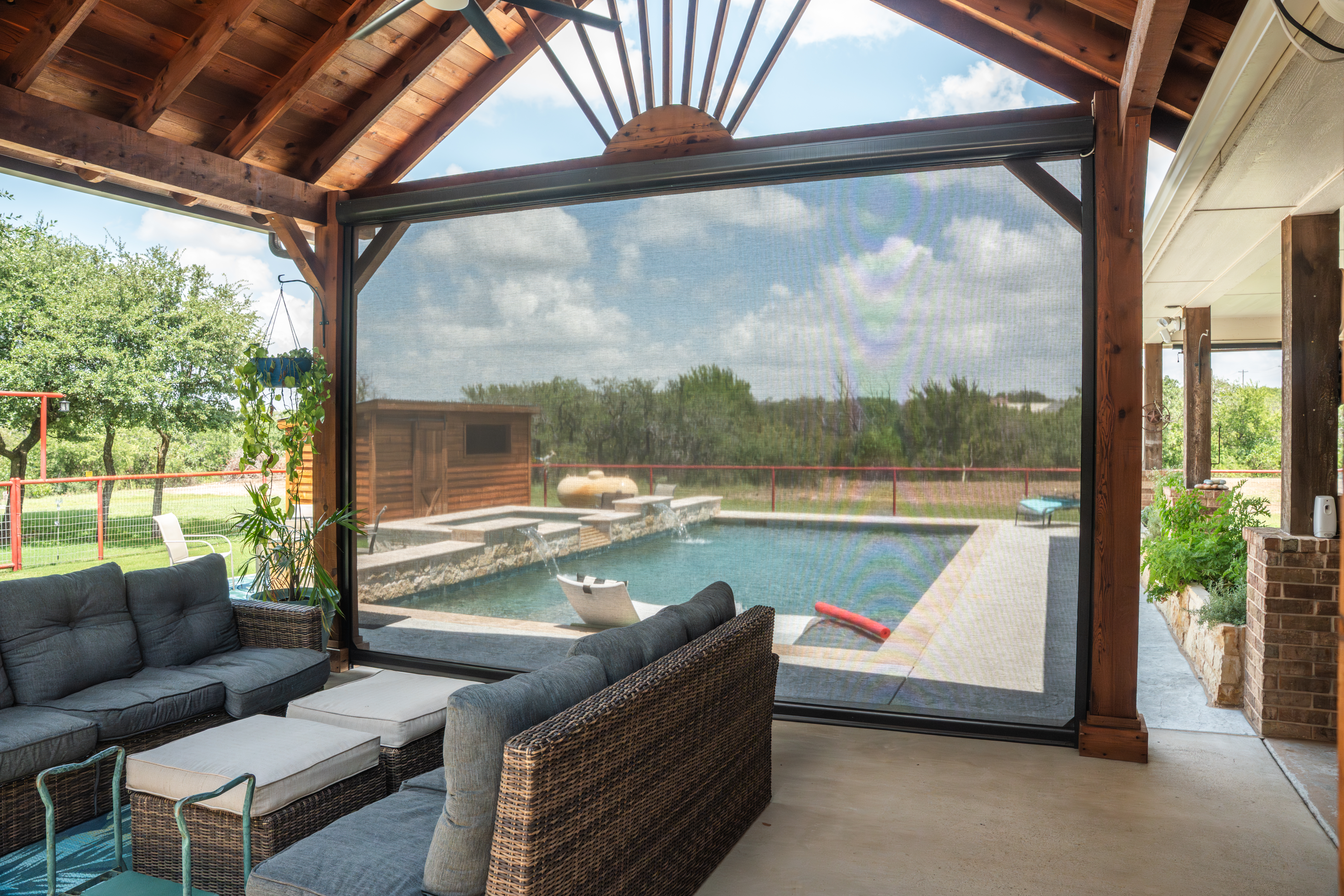 Residential-Solar-Screen-Wood-Pergola-Patio-Interior-View