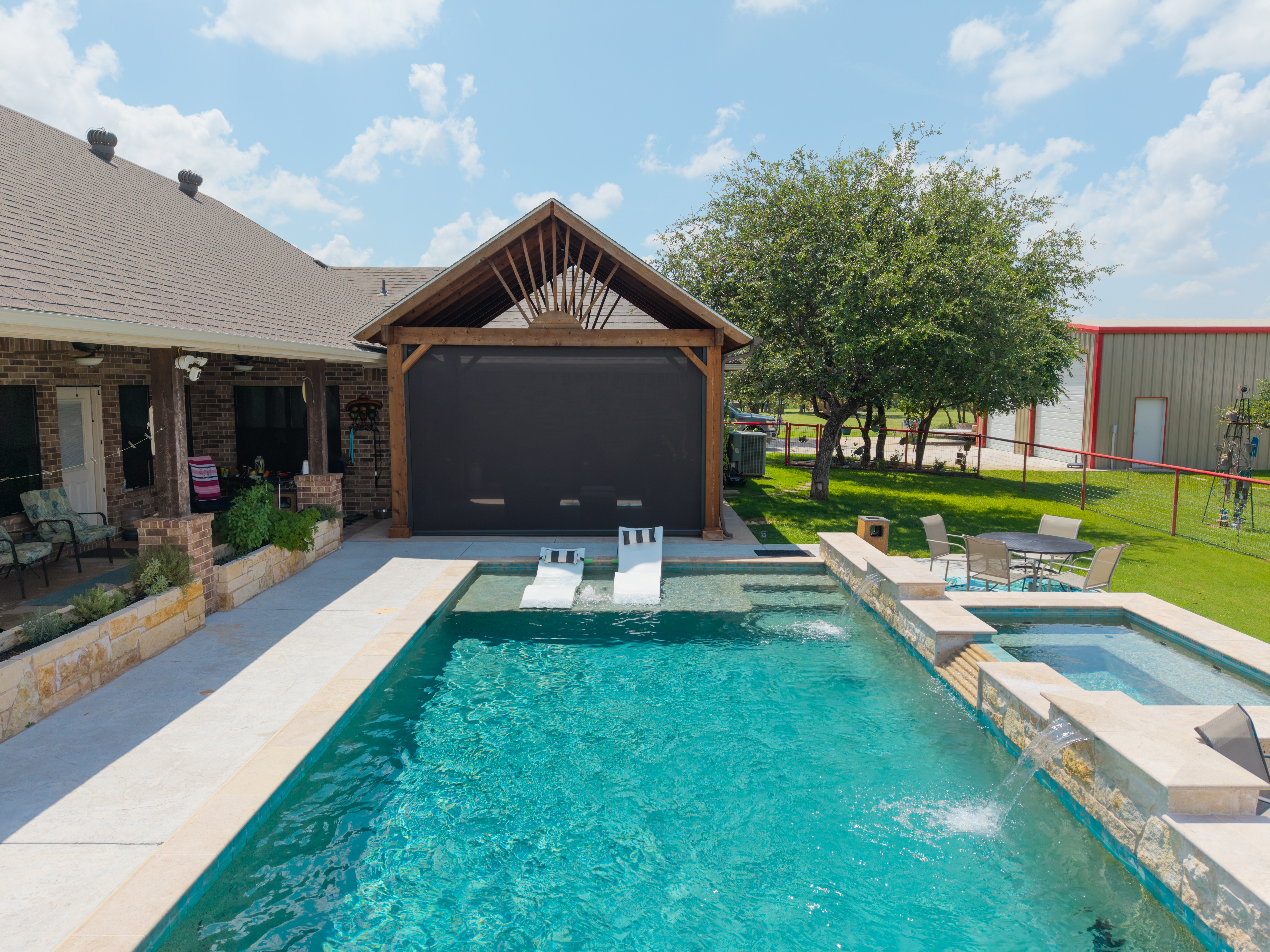 Residential-Solar-Screen-Wood-Pergola-Patio-Pool-Exterior-Aerial-View