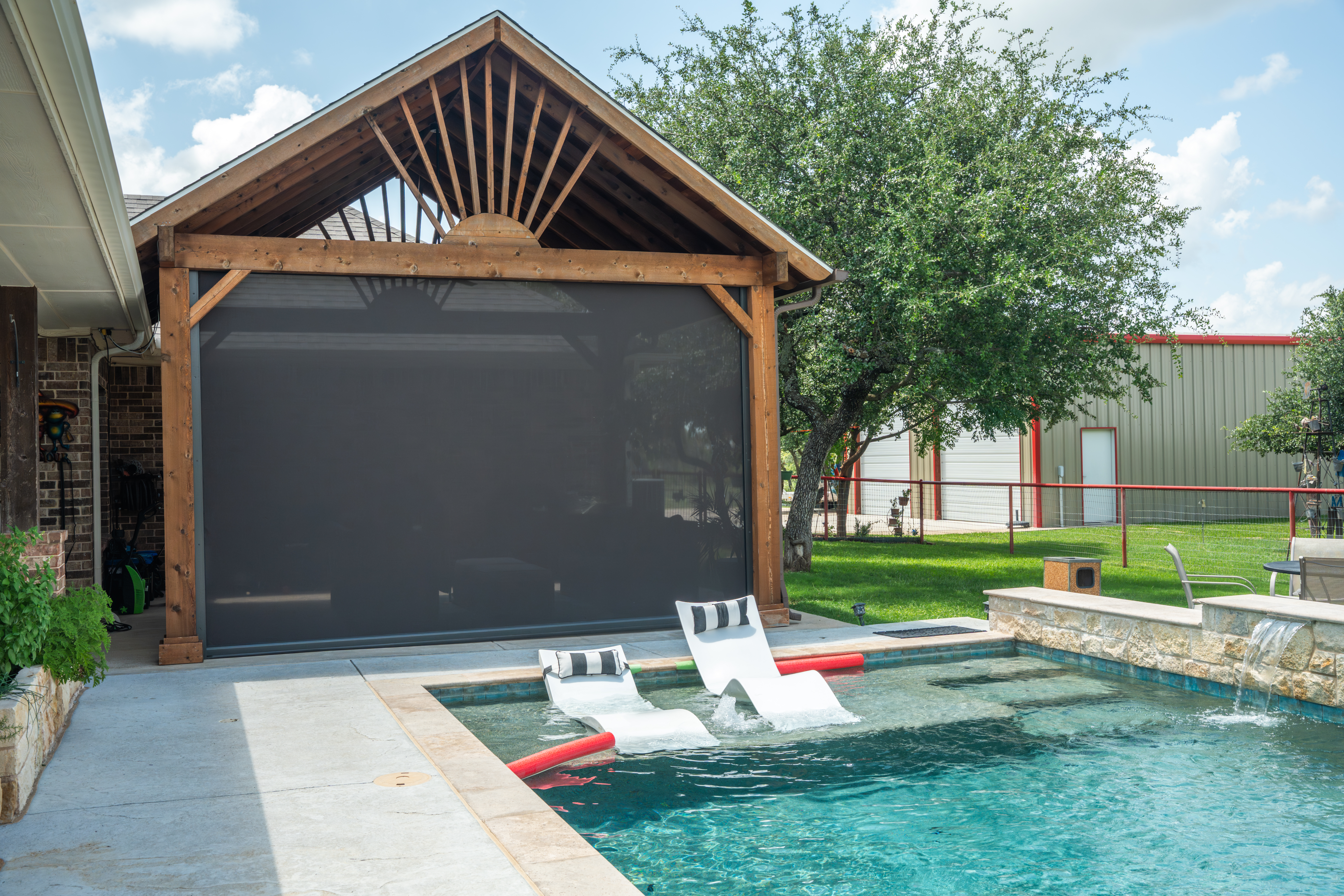 Residential-Solar-Screen-Wood-Pergola-Patio-Pool-Exterior-View